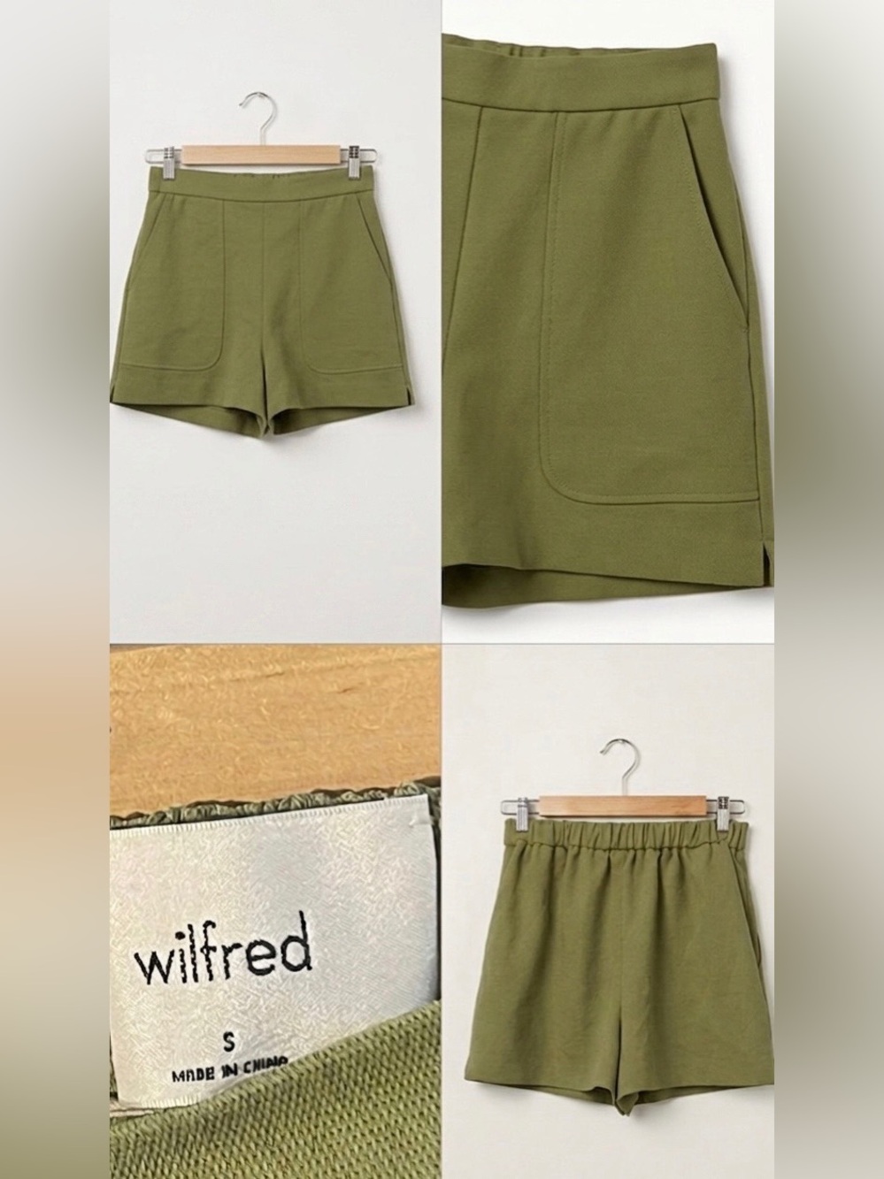Wilfred Aritzia Olive Green High High Waisted Tailored Shorts Pockets Small
